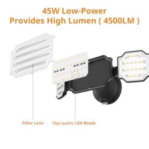 LEPOWER 4500LM LED Flood Light Outdoor Dusk to Dawn, 45W Security Lights Outdoor with 3 Adjustable Heads, IP65 Waterproof, 5000K, Photocell Flood Light Fixture for Garage, Patio,