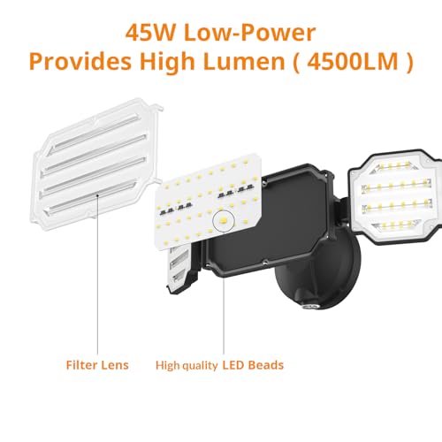 LEPOWER 4500LM LED Flood Light Outdoor Dusk to Dawn, 45W Security Lights Outdoor with 3 Adjustable Heads, IP65 Waterproof, 5000K, Photocell Flood Light Fixture for Garage, Patio,