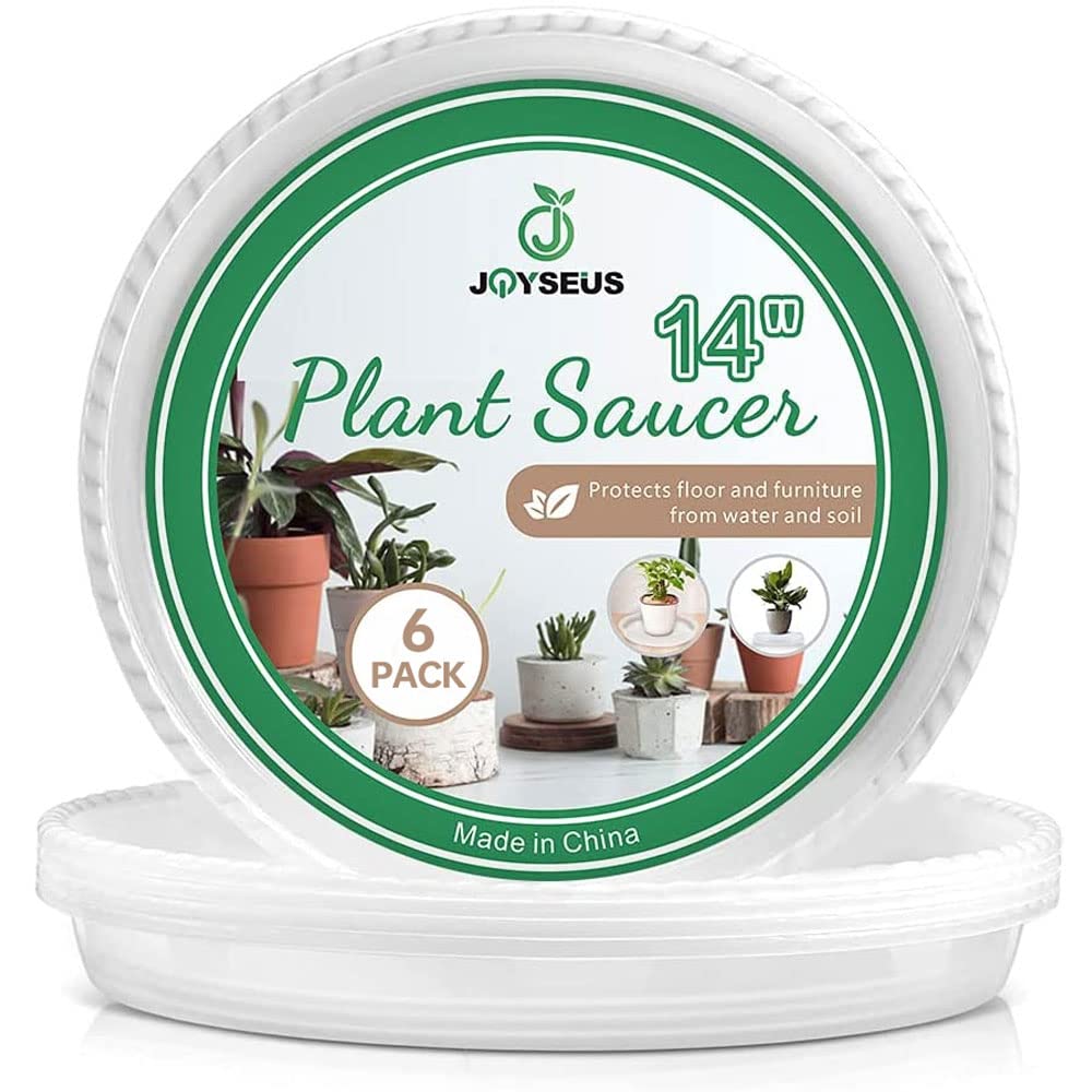 JOYSEUS Plant Saucers - 6 Pack of 14 Inch - Durable Plastic Plant Tray for Flower Pots, Clear Plant Saucer for Indoor Plants Pots & Outdoor Plants (6 Pack)