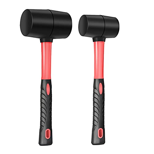 ZUZUAN Fiberglass Handle Rubber Mallet Hammer Set, 8 OZ and 16 OZ, Soft Blow Tasks without Damage, Black with Red, 2 Packs