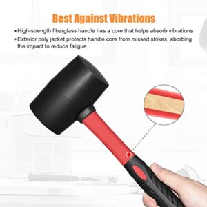 ZUZUAN Fiberglass Handle Rubber Mallet Hammer Set, 8 OZ and 16 OZ, Soft Blow Tasks without Damage, Black with Red, 2 Packs