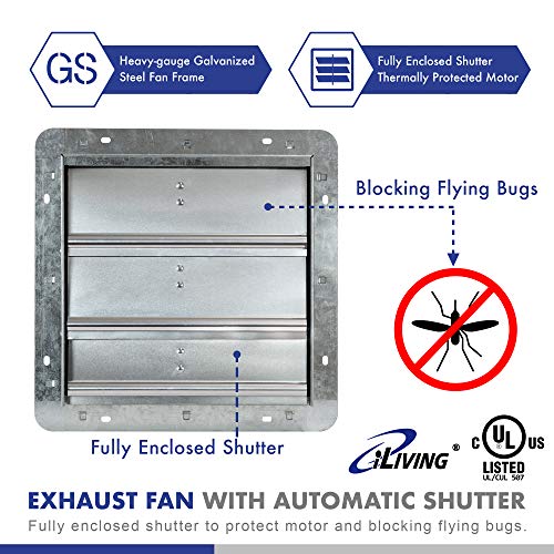 iLiving 10" Wall Mounted Shutter Exhaust Fan, Automatic Shutter, with Thermostat and Variable Speed controller, 65W, 820 CFM, 1200 SQF Coverage Area Silver (ILG8SF10V-ST)