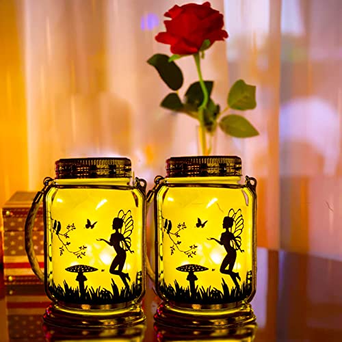 ANGMLN Solar Fairy Lantern Decorations Outdoor- 2 Pack Patio Table Decor Fairies Gifts Night Light Hanging Lamp Frosted Glass Jar with Stake for Outside Yard Lawn Trees Christmas (Warm White)