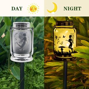 ANGMLN Solar Fairy Lantern Decorations Outdoor- 2 Pack Patio Table Decor Fairies Gifts Night Light Hanging Lamp Frosted Glass Jar with Stake for Outside Yard Lawn Trees Christmas (Warm White)