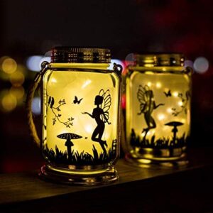 ANGMLN Solar Fairy Lantern Decorations Outdoor- 2 Pack Patio Table Decor Fairies Gifts Night Light Hanging Lamp Frosted Glass Jar with Stake for Outside Yard Lawn Trees Christmas (Warm White)