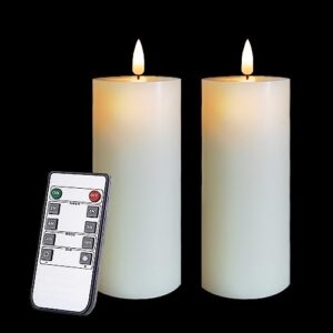 volnyus flameless candles set of 2 (2.2x5 inch) flickering led wax candles battery operated with remote control timers for fireplace bedroom livingroom party dimmable ivory pillars flat top