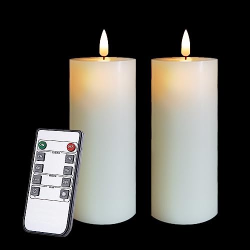 volnyus Flameless Candles Set of 2 (2.2x5 Inch) Flickering LED Wax Candles Battery Operated with Remote Control Timers for Fireplace Bedroom Livingroom Party Dimmable Ivory Pillars Flat top