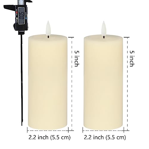 volnyus Flameless Candles Set of 2 (2.2x5 Inch) Flickering LED Wax Candles Battery Operated with Remote Control Timers for Fireplace Bedroom Livingroom Party Dimmable Ivory Pillars Flat top