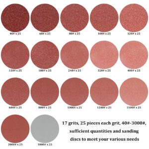 425 Pieces 2 Inch Sanding Discs Grinding Abrasive Sandpaper Sander Sheets with 1 Pieces 1/4 Inch Round Shank Backing Pad 2 Pieces Soft Foam Buffering Pads Assorted Grit, 40-3000 Grit