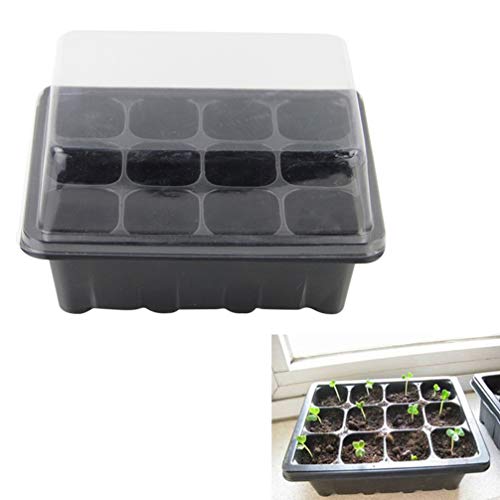 12 Holes Plastic Nursery Pot Grow Container Sprout Plate with Transparent Lids for Gardening Flower Cultivation Planting Containers 5Pcs (Black)