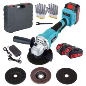 cordless angle grinder set, 18v electric cut-off tool/grinder with 2 pack 5.0ah lithium-ion battery and charger & carrying case kit, for cutting and grinding