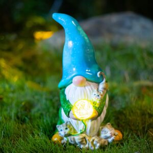 fljzczm garden statues gnomes decor, 10'' gnome cat figurine holding ball with solar led lights for outdoor indoor patio yard lawn ornament christmas halloween decorations, blue hat