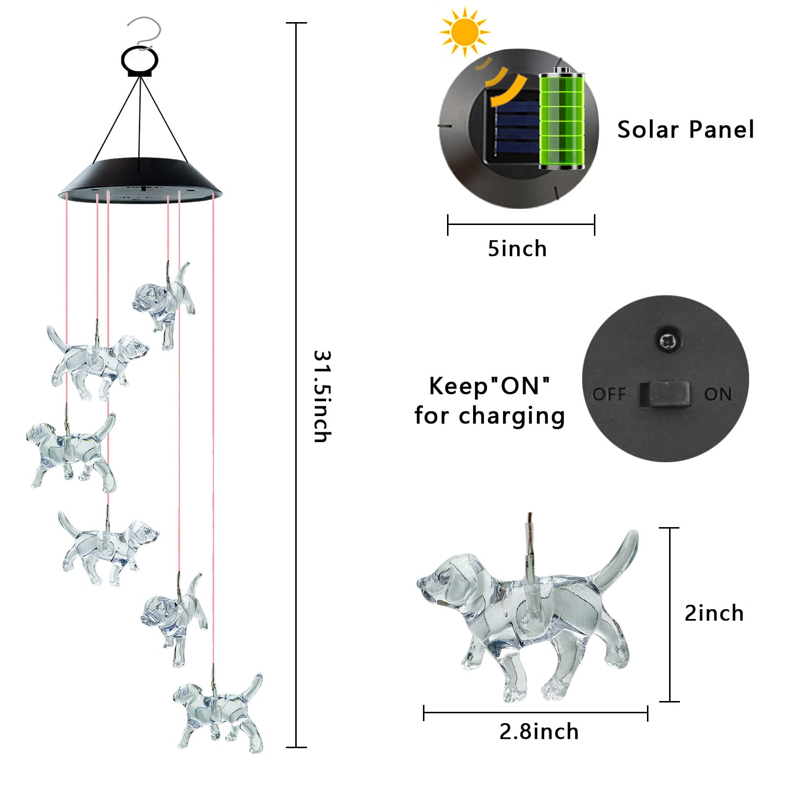 Vency Dog Solar String Lights Wind Chimes Pet Gifts Outdoor Mobile Colors Changing Labrador Solar Wind Chimes Ornaments Christmas Decorations LED Lights for Patio Yard Garden Home Decor