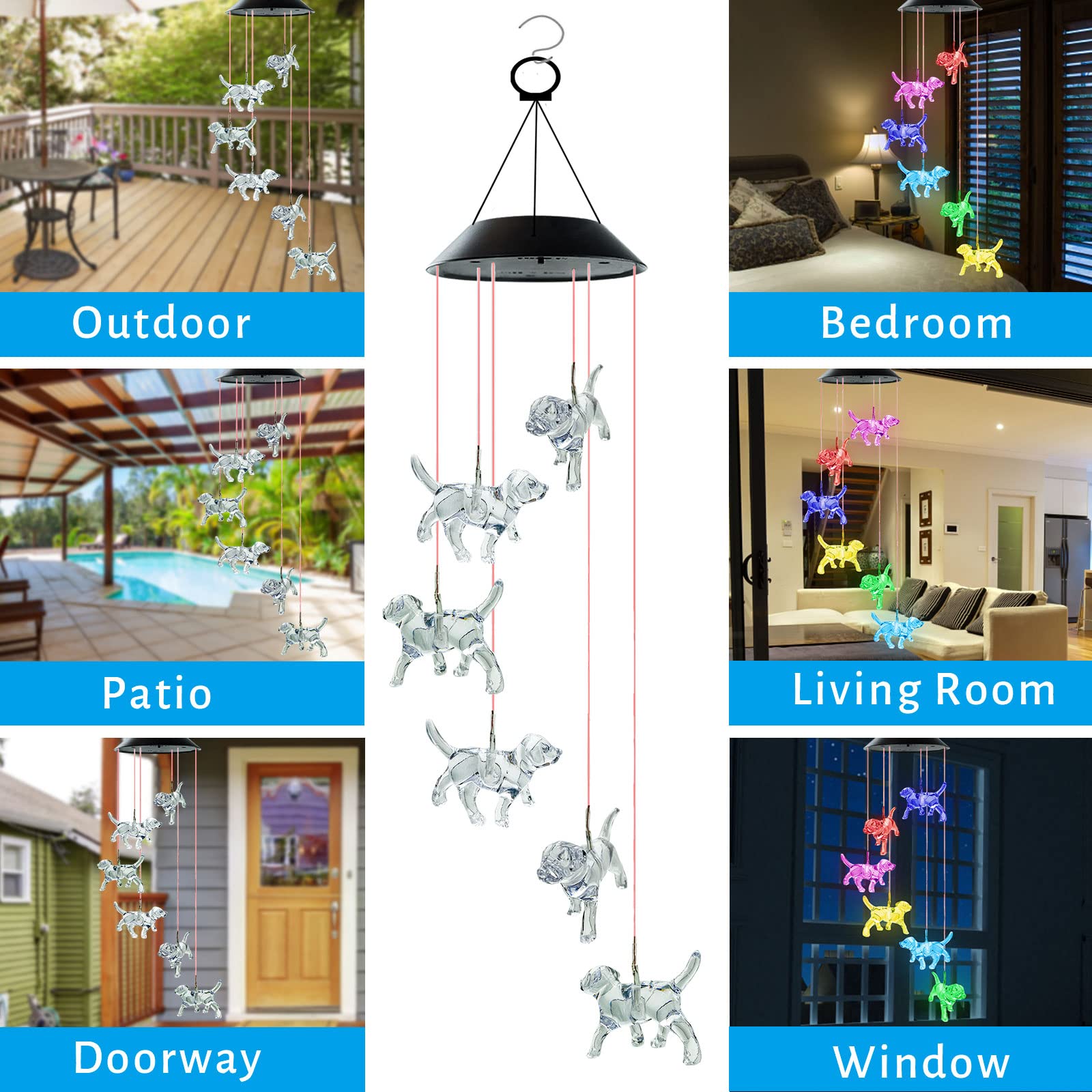 Vency Dog Solar String Lights Wind Chimes Pet Gifts Outdoor Mobile Colors Changing Labrador Solar Wind Chimes Ornaments Christmas Decorations LED Lights for Patio Yard Garden Home Decor