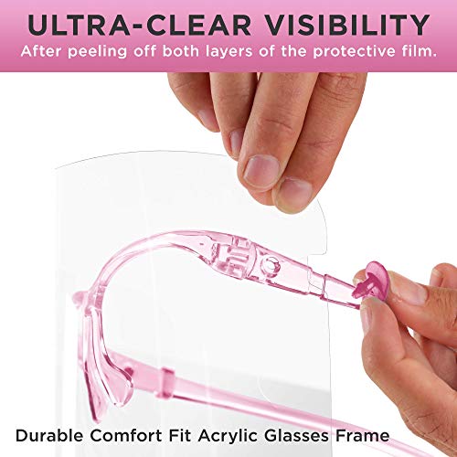 TCP Global Salon World Safety Face Shields with Pink Glasses Frames (Pack of 4) - Ultra Clear Protective Full Face Shields to Protect Eyes, Nose, Mouth - Anti-Fog PET Plastic, Goggles