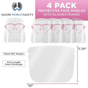 TCP Global Salon World Safety Face Shields with Pink Glasses Frames (Pack of 4) - Ultra Clear Protective Full Face Shields to Protect Eyes, Nose, Mouth - Anti-Fog PET Plastic, Goggles