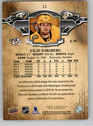 2020-21 Upper Deck Artifacts #22 Filip Forsberg Nashville Predators Official NHL Hockey Trading Card From The UD Company in Raw (NM Near Mint or Better) Condition