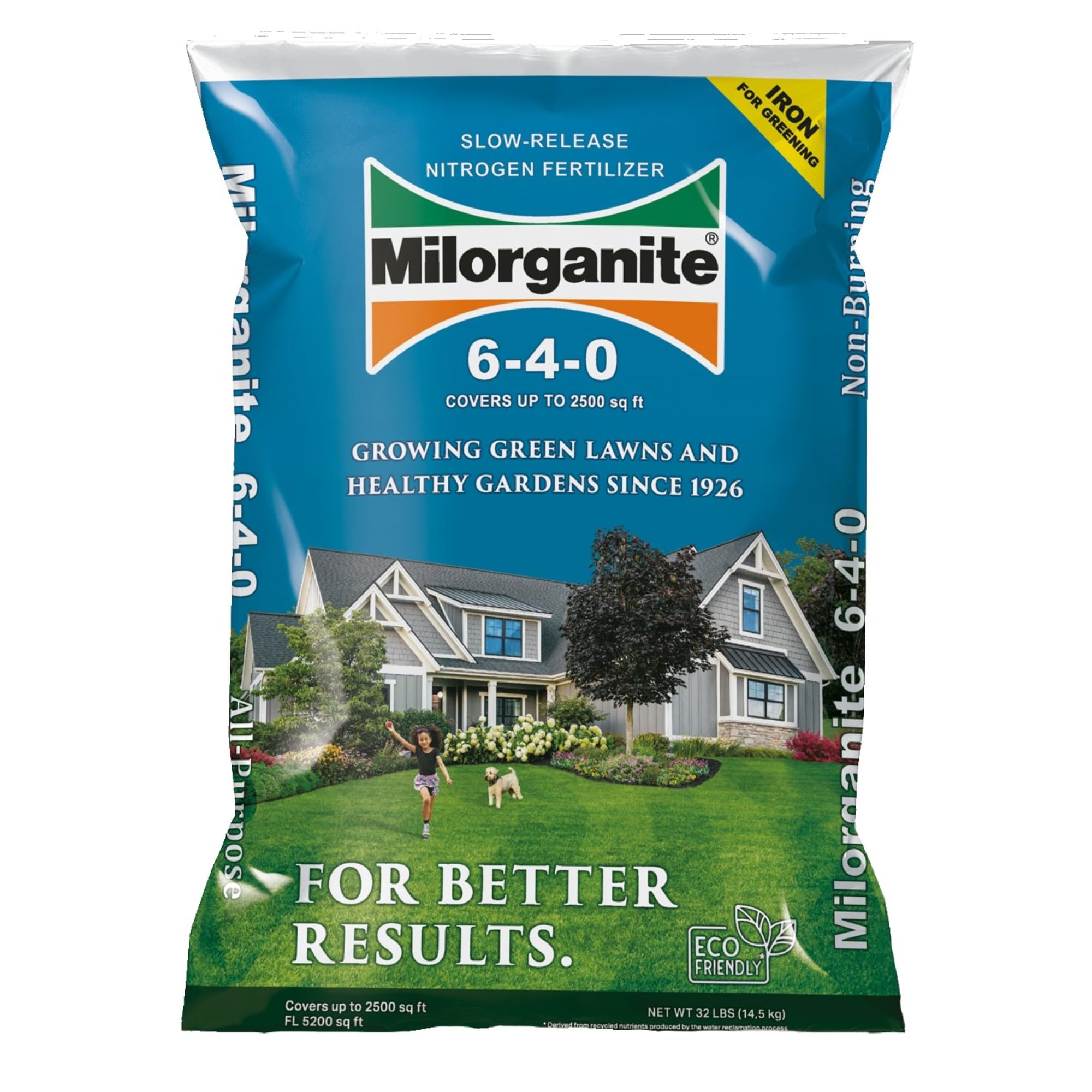 Milorganite All-Purpose Eco-Friendly Slow-Release Nitrogen 6-4-0 Fertilizer, for Lawns, Flowers, Gardens, 32 Pound Bag