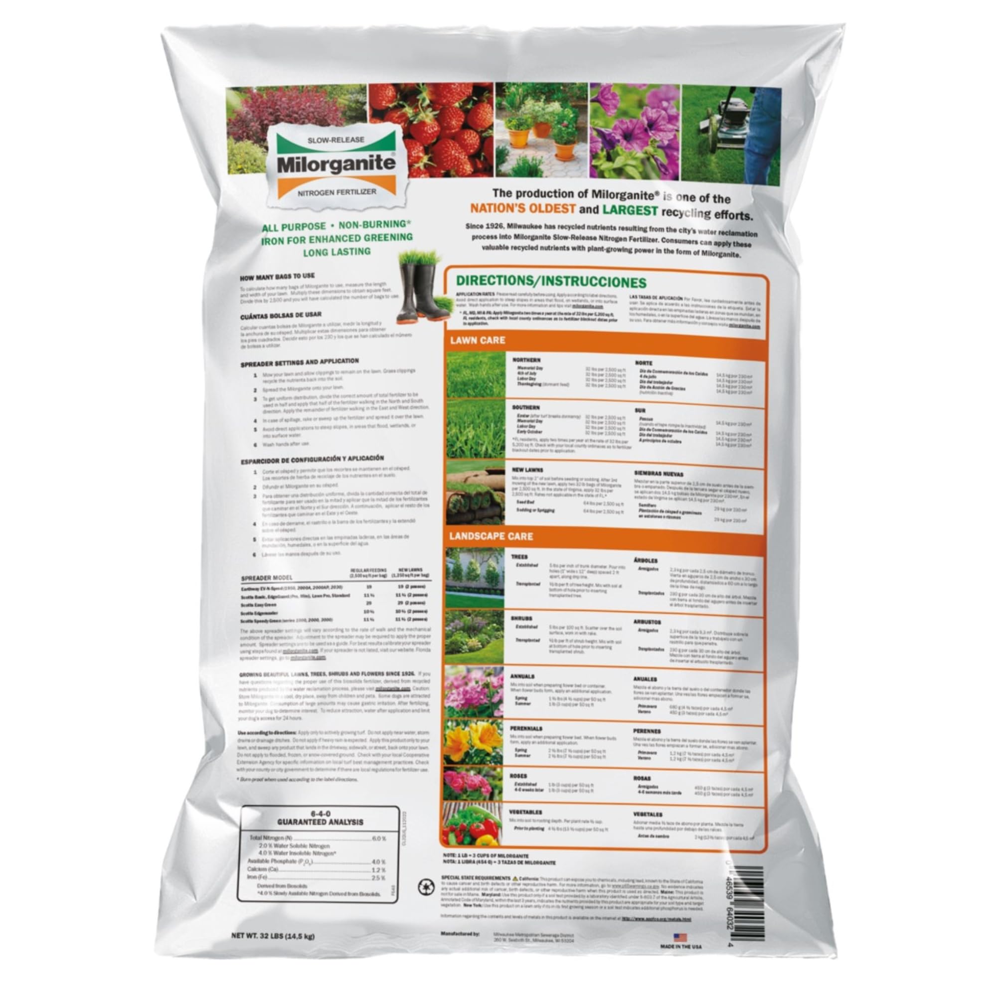 Milorganite All-Purpose Eco-Friendly Slow-Release Nitrogen 6-4-0 Fertilizer, for Lawns, Flowers, Gardens, 32 Pound Bag