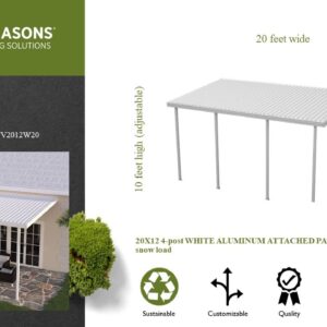 Four Seasons Outdoor Living Solutions TWV Series 20X12ft High-Grade Aluminum Attached Patio Cover Awning, 4 Posts, 20 Lb. Snow Load, White