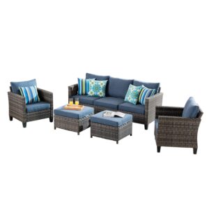 ovios outdoor furniture 5 pieces patio furniture set sectional conversation set all weather wicker rattan sofa couch for yard deck porch, grey wicker, denim blue cushion