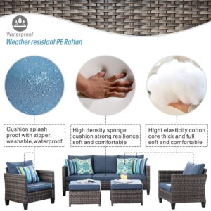 ovios Outdoor Furniture 5 Pieces Patio Furniture Set Sectional Conversation Set All Weather Wicker Rattan Sofa Couch for Yard Deck Porch, Grey Wicker, Denim Blue Cushion