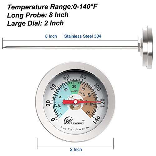 KT THERMO Compost Soil Thermometer Worm Thermometer Out Door Planting soli Temperature Measurement with 2.5 dial and 8 Inch Stainless Steel Probe