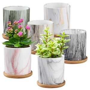 noiruc-cz 6 pack succulent plant pots, 3 inch marble texture mini ceramic planters with drainage hole and bamboo tray small flower pot modern decor for garden, balcony, office
