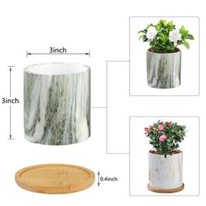 NOIRUC-CZ 6 Pack Succulent Plant Pots, 3 inch Marble Texture Mini Ceramic Planters with Drainage Hole and Bamboo Tray Small Flower Pot Modern Decor for Garden, Balcony, Office