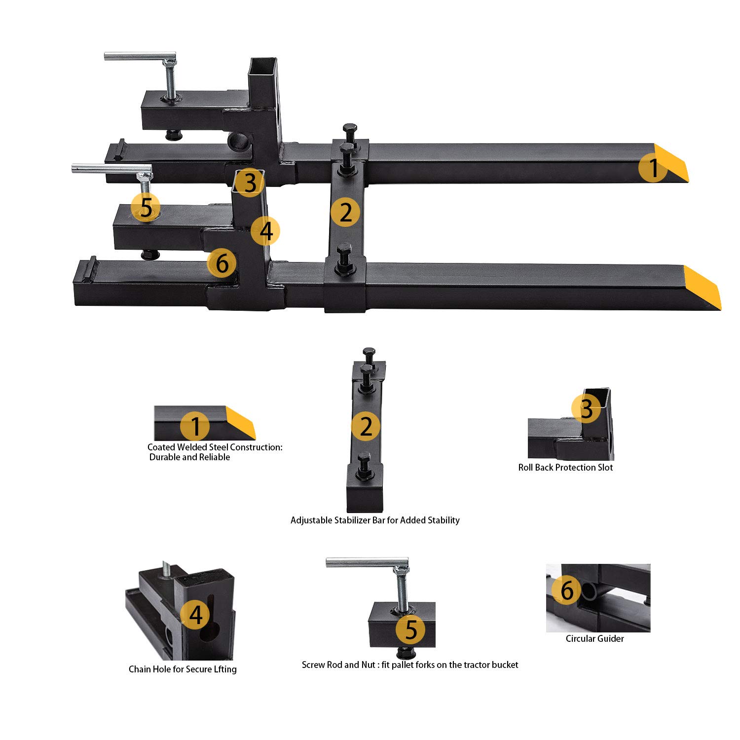 Pallet Forks Clamp On for Tractor Bucket w/Adjustable Stabilizer Bar -43" 2000lbs Capacity Max Tractor Bucket Forks（43inch Total Length）