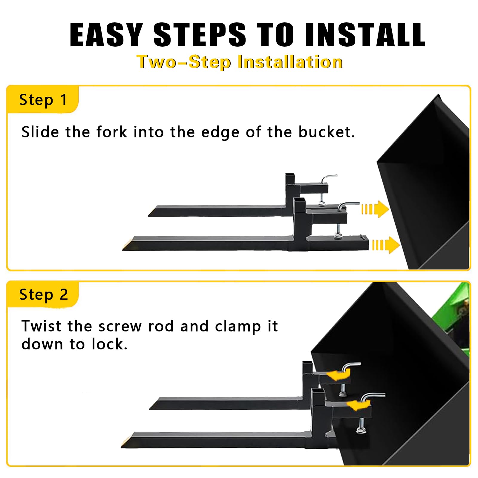 Pallet Forks Clamp On for Tractor Bucket w/Adjustable Stabilizer Bar -43" 2000lbs Capacity Max Tractor Bucket Forks（43inch Total Length）