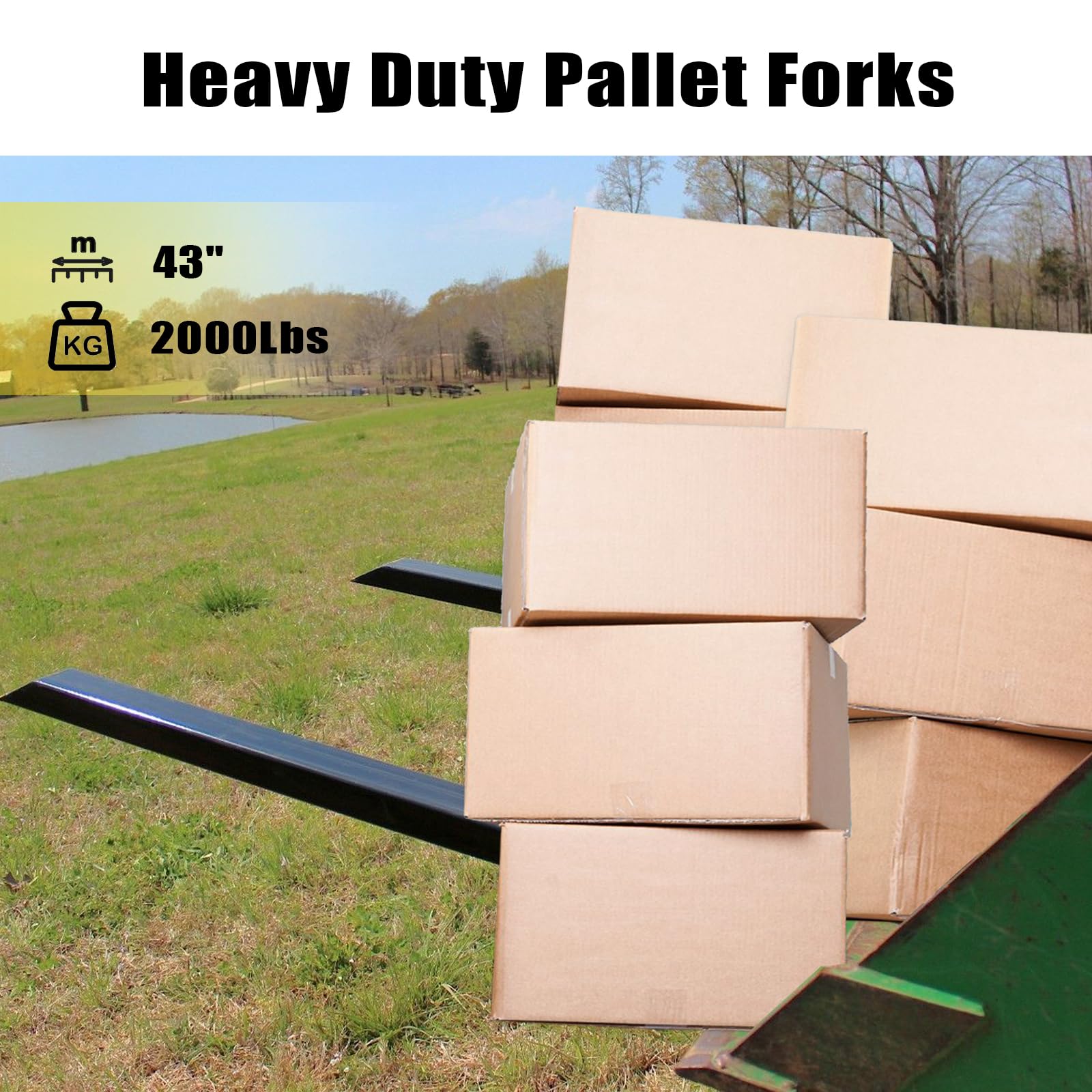 Pallet Forks Clamp On for Tractor Bucket w/Adjustable Stabilizer Bar -43" 2000lbs Capacity Max Tractor Bucket Forks（43inch Total Length）