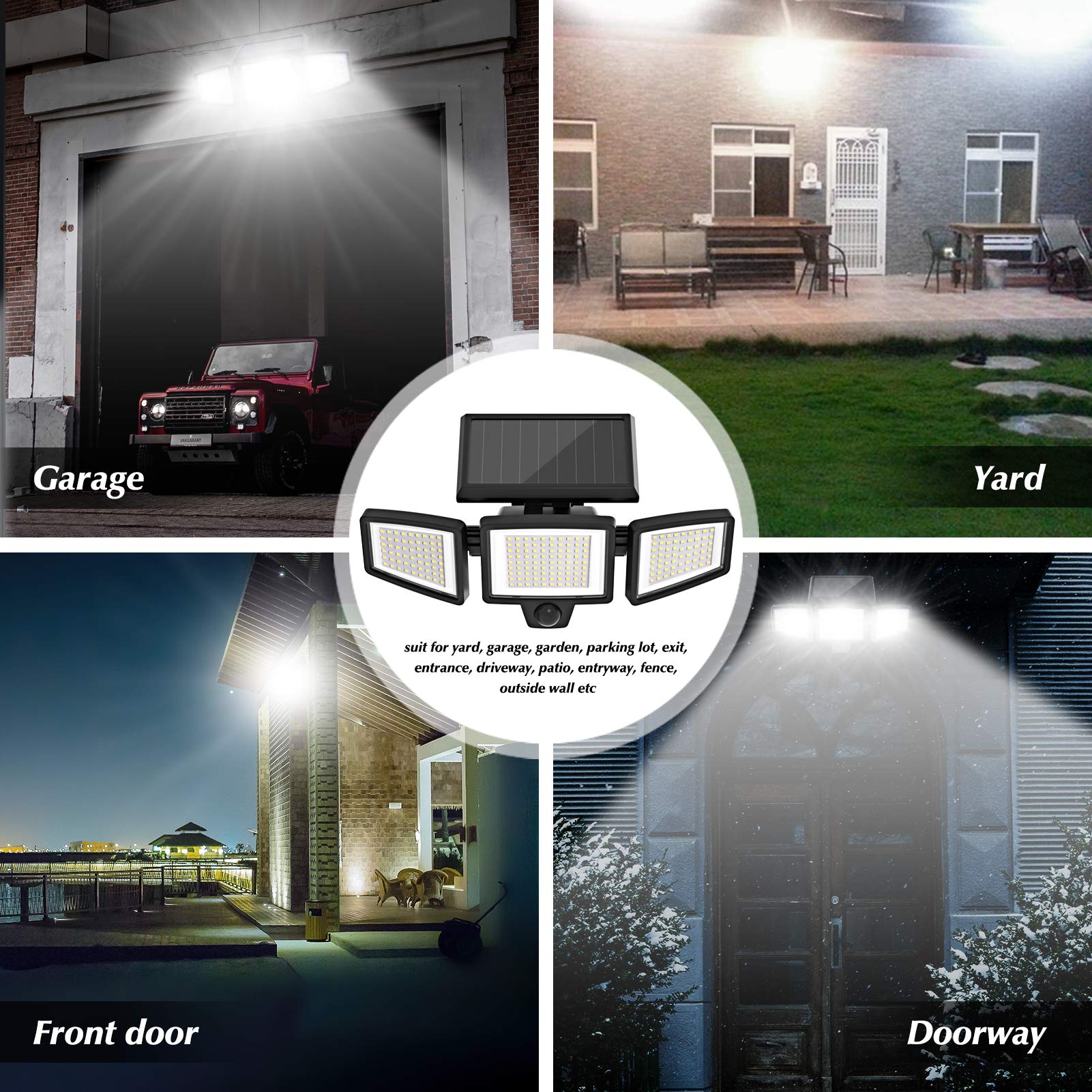 KERNOWO Solar Lights Outdoor, 210 LED 2500LM Solar Flood Security Lights with 25FT Motion Sensor IP65 Waterproof 3 Heads Spot Flood Wall Lights for Porch Garage Yard Entryways Patio (Black, 2pcs)