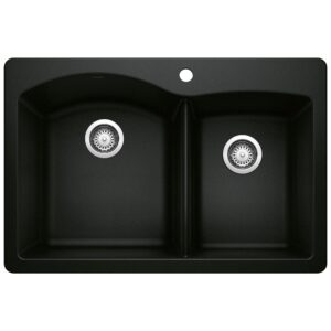 blanco diamond silgranit 60/40 double bowl undermount or drop-in kitchen sink, 33x22x9.5, coal black
