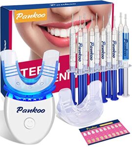 teeth whitening kit with led light, 10x teeth whitening gels, 2x silicone mouth trays, whiten effectively in 15 minutes without sensitivity, 1-9 shades whiter in 1-2 weeks, 2-3x faster than strips