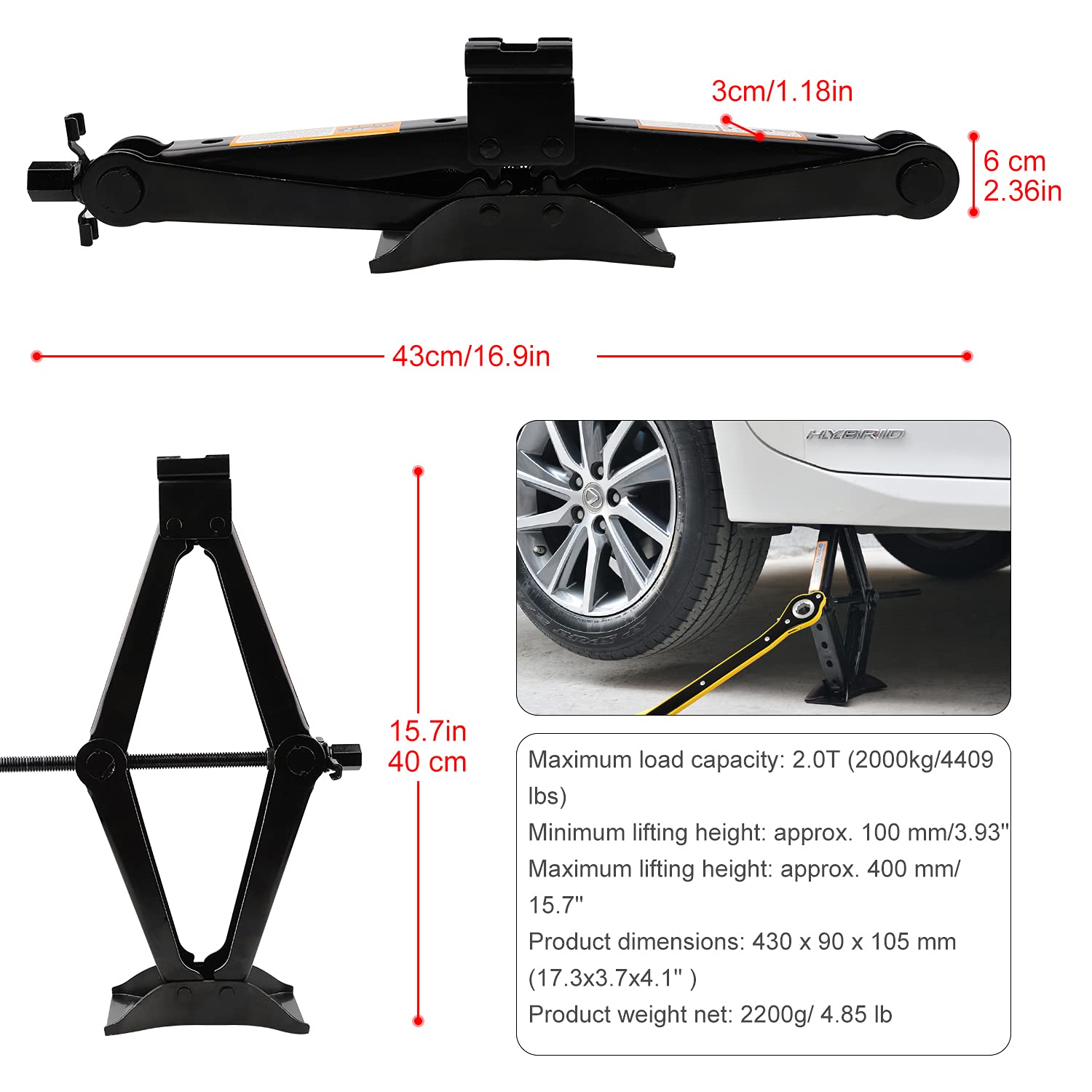 CPROSP Scissor Jack 2 Tons(4,409 lbs) Capacity with Ratchet Handle Effort Saving Just for Emergency Use, not for Weekly Projects