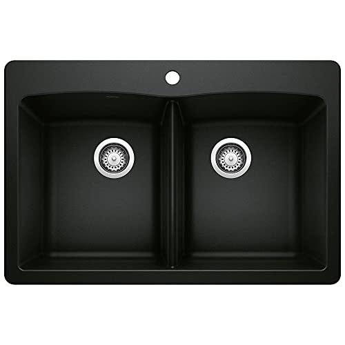 BLANCO Diamond Silgranit 50/50 Double Bowl Undermount or Drop-In Kitchen Sink, 33x22x9.5, Coal Black