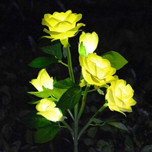 [upgraded 6 flowers]solar powered artificial rose flower lights,waterproof outdoor garden accent lighting for summer country field yard pathway balcony memorial cemetery gravesite decorations, yellow
