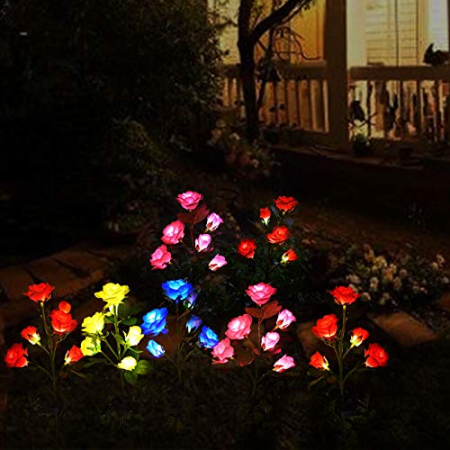 [Upgraded 6 Flowers]Solar Powered Artificial Rose Flower Lights,Waterproof Outdoor Garden Accent Lighting for Summer Country Field Yard Pathway Balcony Memorial Cemetery Gravesite Decorations, Yellow