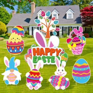 adxco 8 pieces easter yard sign easter outdoor lawn decorations with stakes easter rabbit eggs yard sign for easter party yard decor