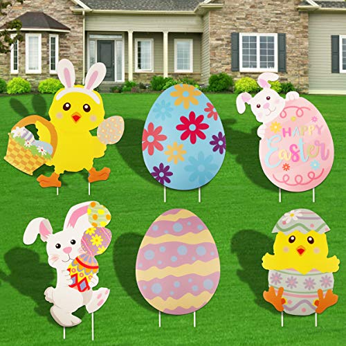 6 Pcs Easter Yard Signs Outdoor Easter Eggs Yard Signs Easter Yard Decorations Easter Lawn Decoration Easter Yard Art Decoration with 12 Plastic Stakes for Garden Lawn Yard Easter Props Decoration