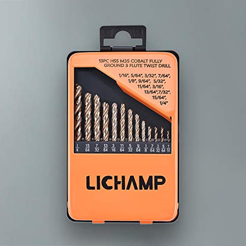 Lichamp 13PCS HSS Cobalt Drill Bits Set 1/16" to 1/4" with Three Flute for Hard Metal, Hardened Stainless Steel and Cast Iron