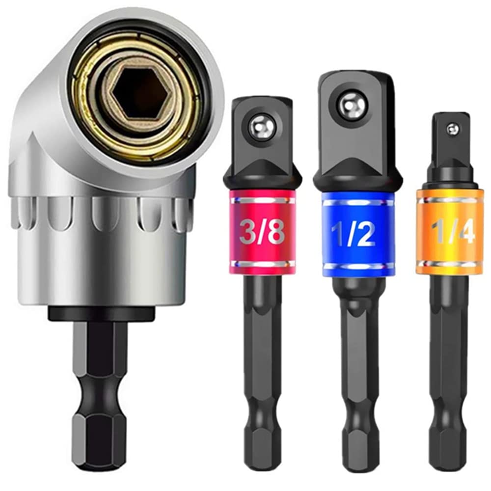 Impact Grade Power Hand Tools Driver Sockets Adapter Extension Set, 3Pcs 1/4 3/8 1/2" Hex Shank Drill Nut Driver Bit Set + 105 Degree Right Angle Driver Extension Screwdriver Drill Attachment