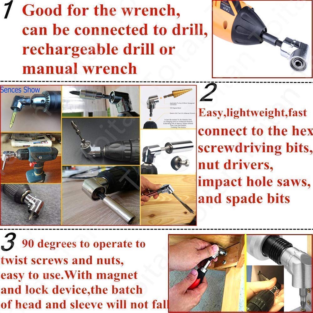 Impact Grade Power Hand Tools Driver Sockets Adapter Extension Set, 3Pcs 1/4 3/8 1/2" Hex Shank Drill Nut Driver Bit Set + 105 Degree Right Angle Driver Extension Screwdriver Drill Attachment