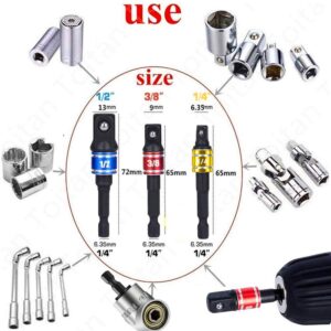 Impact Grade Power Hand Tools Driver Sockets Adapter Extension Set, 3Pcs 1/4 3/8 1/2" Hex Shank Drill Nut Driver Bit Set + 105 Degree Right Angle Driver Extension Screwdriver Drill Attachment