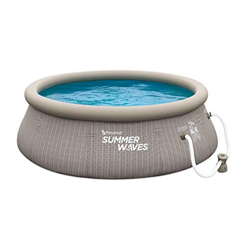 Summer Waves P1B01036A 10ft x 36in Round Quick Set Inflatable Ring Above Ground Swimming Pool with Filter Pump, Gray Basketweave Print