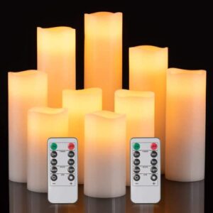 baleid flameless candles battery operated 4" 5" 6" 7" 8" 9" set of 9 ivory white real wax pillar led candles with remote control, cycling 24 hours timer