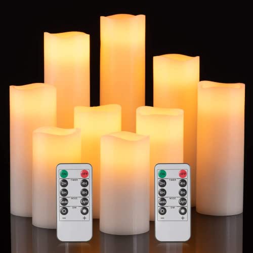 Baleid Flameless Candles Battery Operated 4" 5" 6" 7" 8" 9" Set of 9 Ivory White Real Wax Pillar LED Candles with Remote Control, Cycling 24 Hours Timer