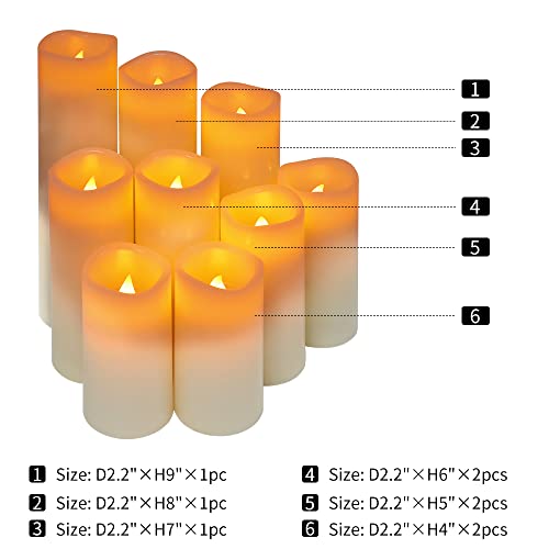 Baleid Flameless Candles Battery Operated 4" 5" 6" 7" 8" 9" Set of 9 Ivory White Real Wax Pillar LED Candles with Remote Control, Cycling 24 Hours Timer