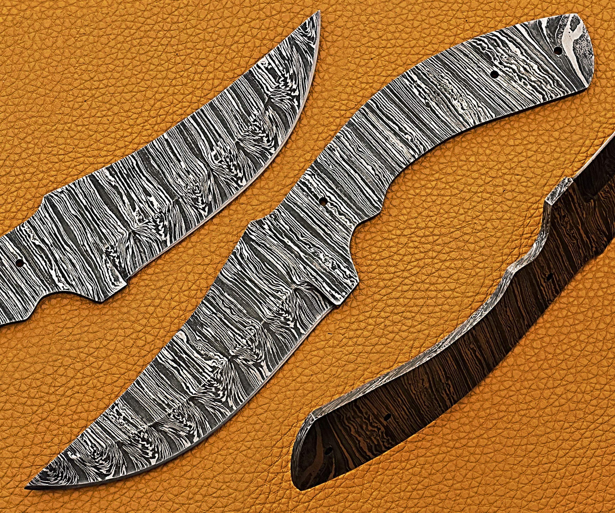 9.25 inches long trailing point blank blade skinning knife, hand forged Ladder Pattern Damascus steel blade, 4.5" scale with 3 Pin hole, 4.25" trailing point blade with 4" cutting edge